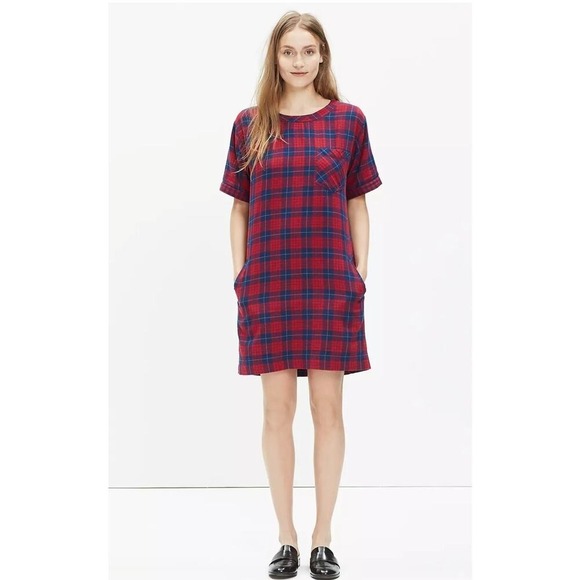 Madewell‎ Plaid Tunic Shirt Dress Red Blue Short Sleeve Pockets XXS - Picture 4 of 4